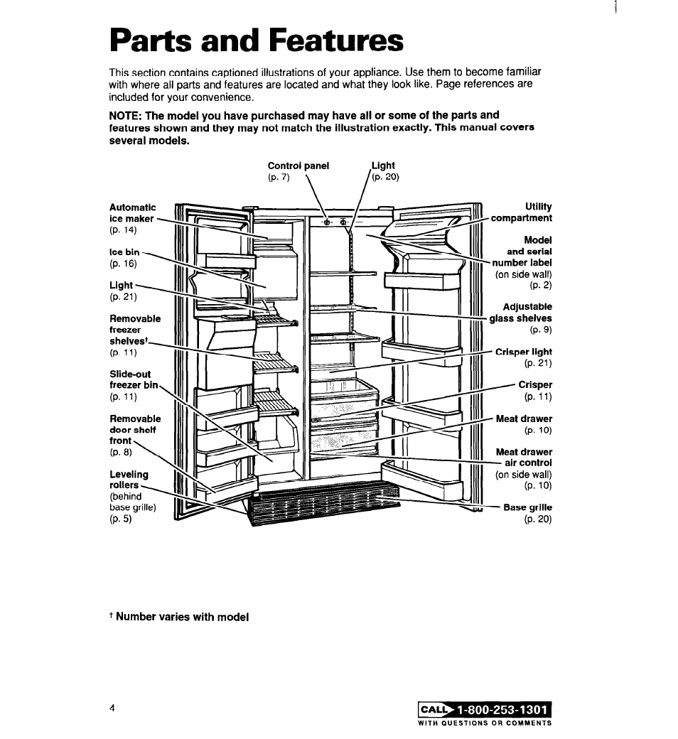 Parts and features, T number varies with modei | Whirlpool 2194182 User Manual | Page 4 / 68