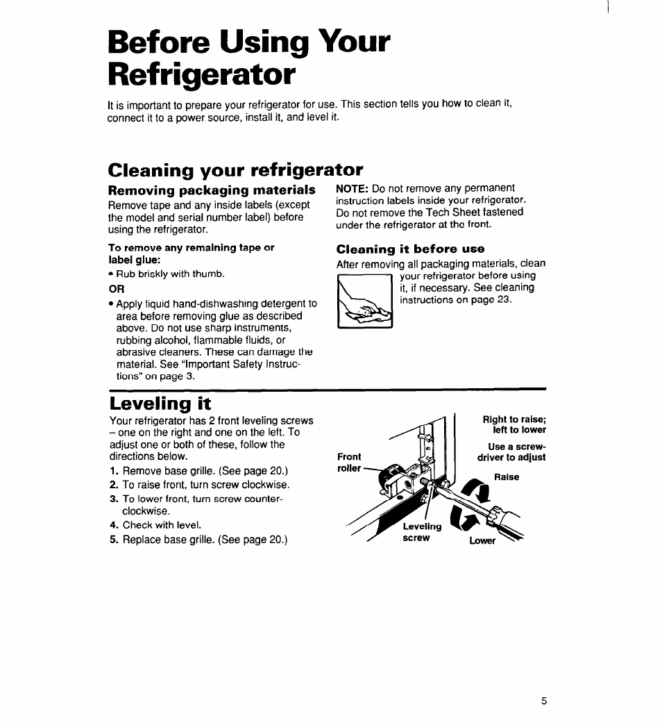 Before using your refrigerator, Cleaning your refrigerator, Removing packaging materials | Leveling it | Whirlpool 2194182 User Manual | Page 5 / 68