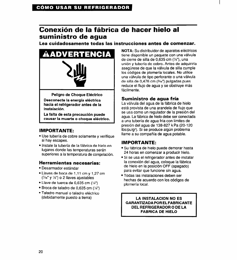Importante, Herramientas necesarias, Suministro de agua fría | Advertencia | Whirlpool 2194182 User Manual | Page 52 / 68