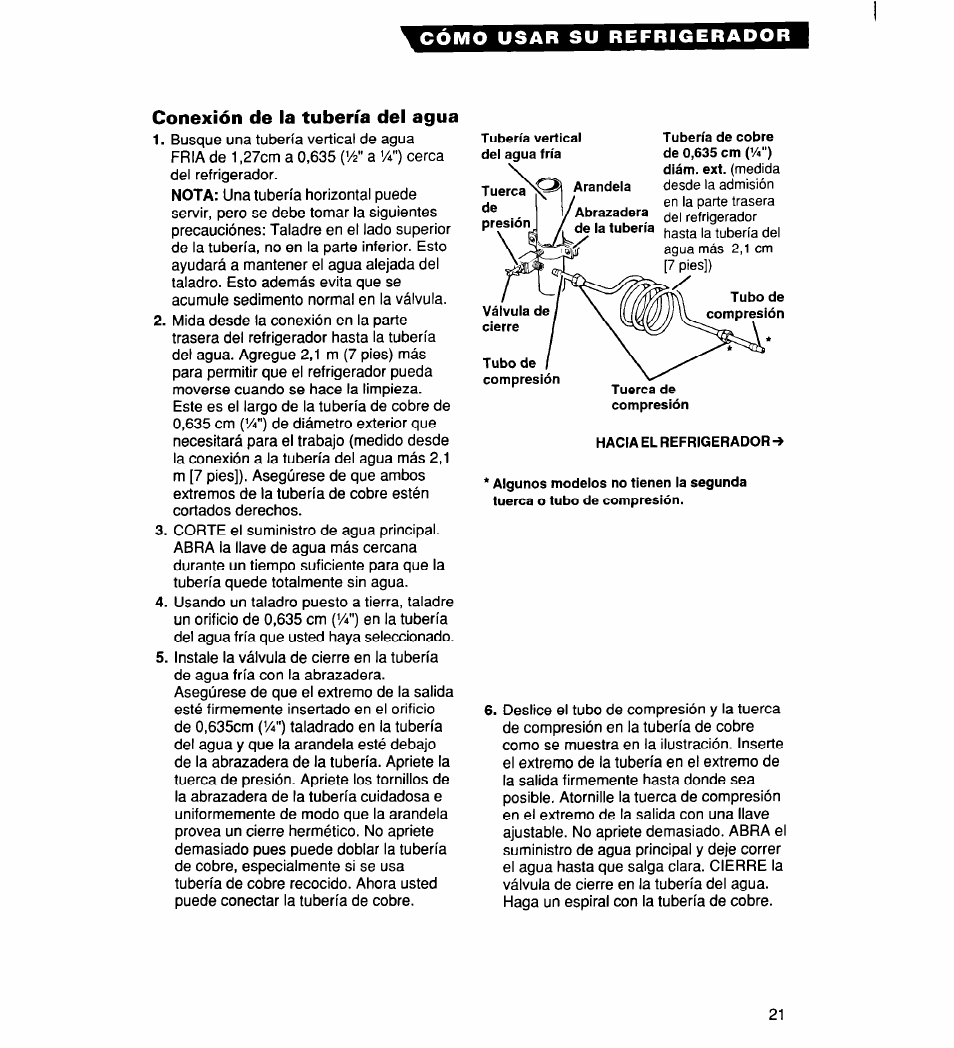 Conexión de la tubería del agua | Whirlpool 2194182 User Manual | Page 53 / 68