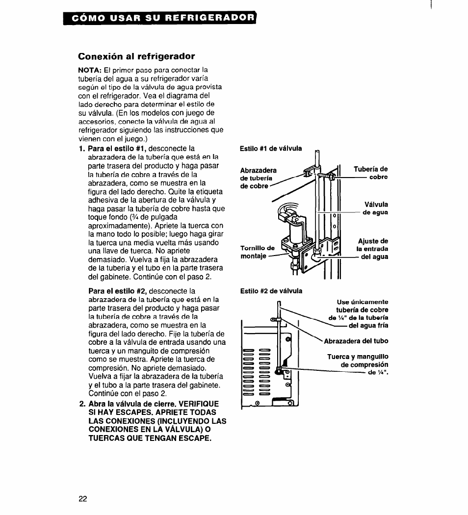 Conexión al refrigerador | Whirlpool 2194182 User Manual | Page 54 / 68