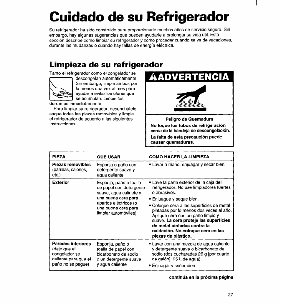 Cuidado de su refrigerador, Limpieza de su refrigerador, Advertencia | Whirlpool 2194182 User Manual | Page 59 / 68
