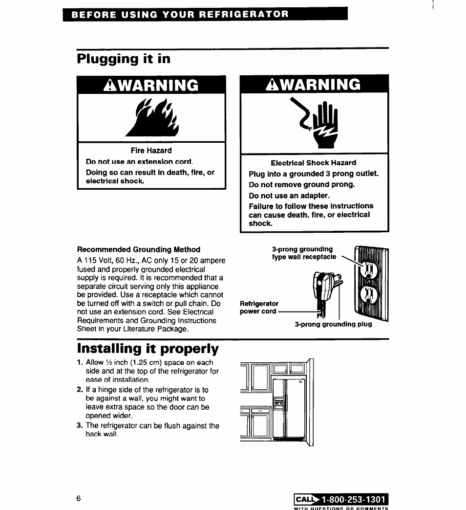 Plugging it in, Recommended grounding method, Installing it properly | Awarning | Whirlpool 2194182 User Manual | Page 6 / 68