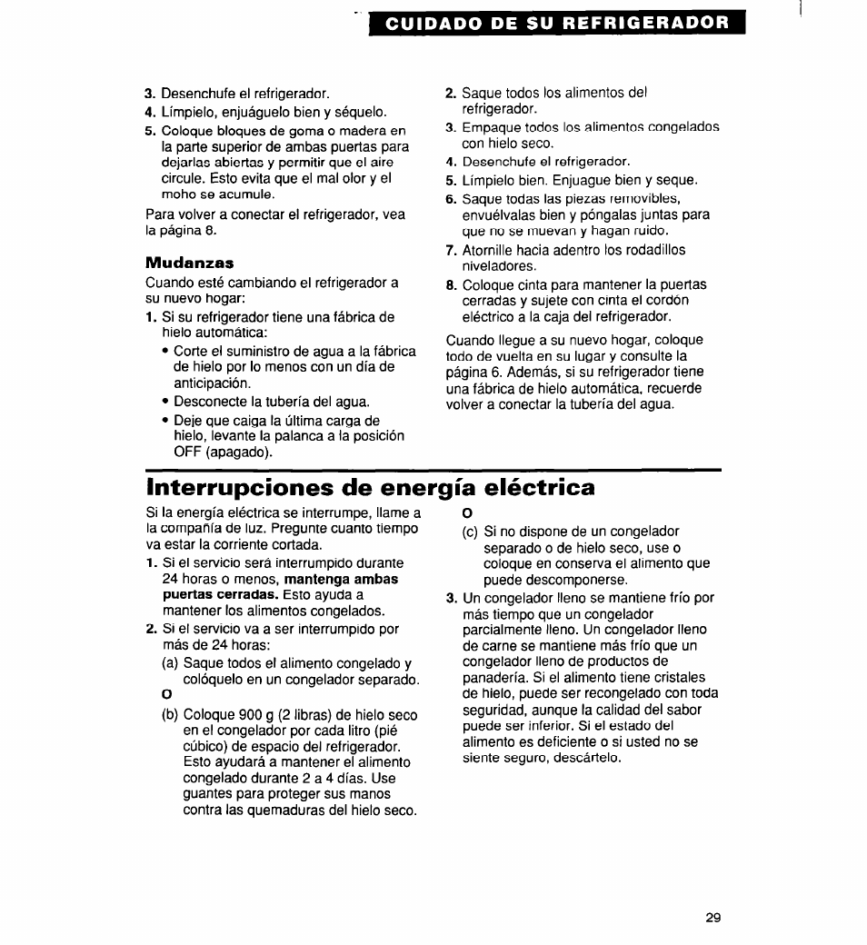 Mudanzas, Interrupciones de energía eléctrica | Whirlpool 2194182 User Manual | Page 61 / 68