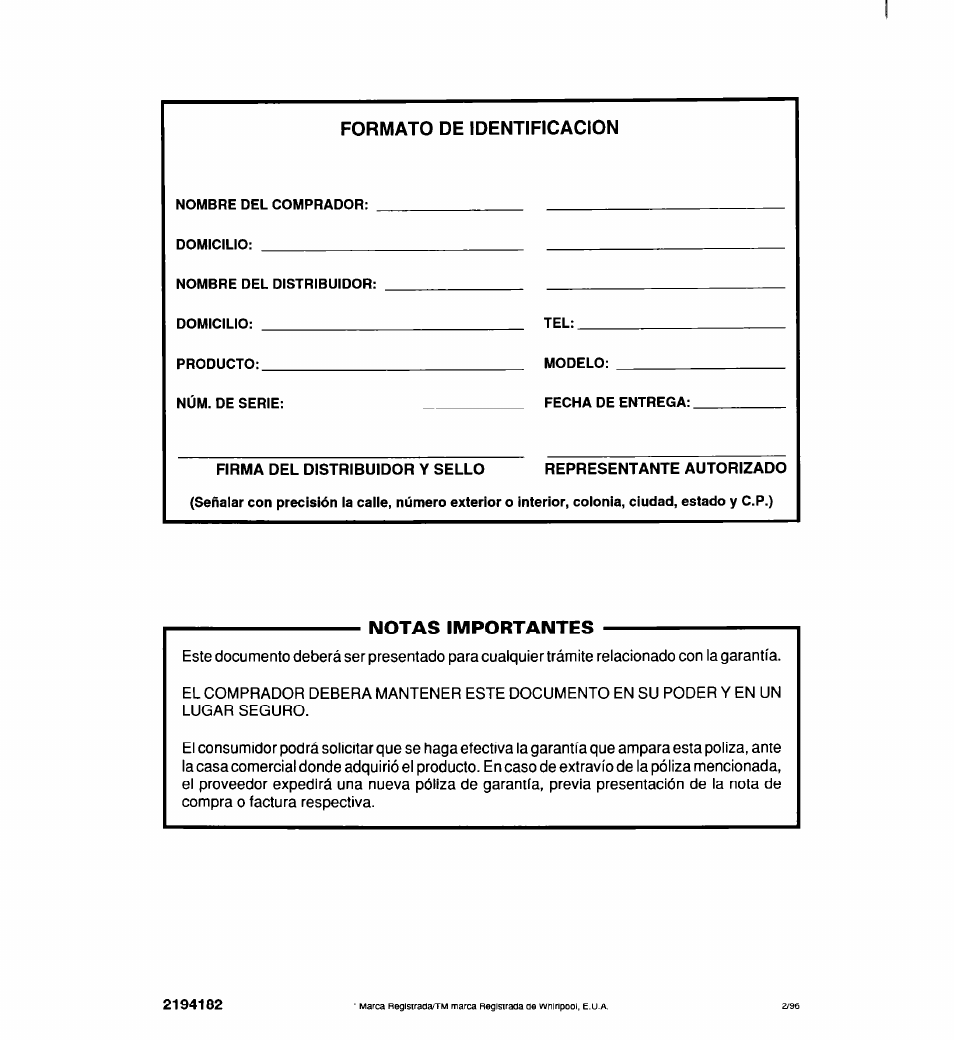 Formato de identificacion, Notas importantes | Whirlpool 2194182 User Manual | Page 68 / 68