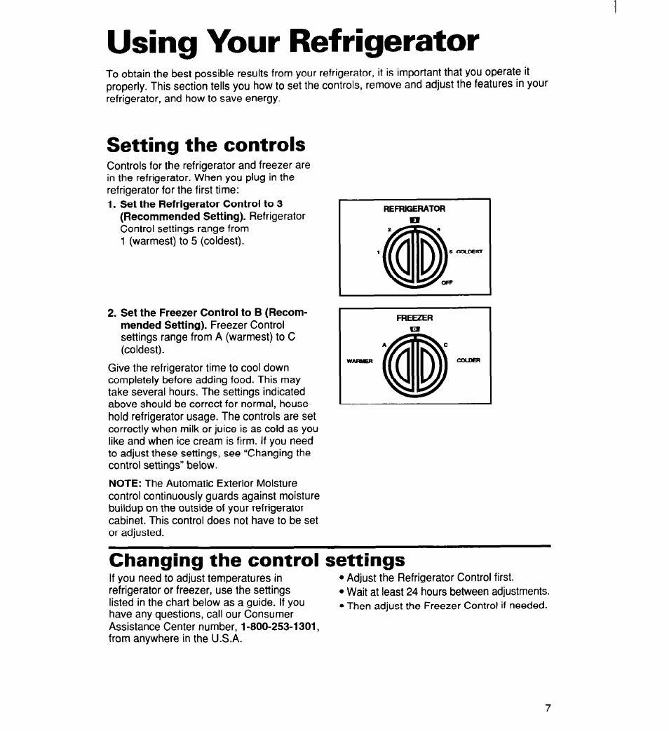 Using your refrigerator, Setting the controls, Before using your refrigerator | Changing the control settings | Whirlpool 2194182 User Manual | Page 7 / 68