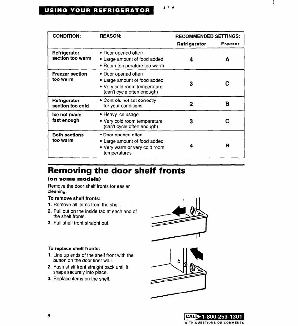 Removing the door shelf fronts, On some models), To replace shelf fronts | Whirlpool 2194182 User Manual | Page 8 / 68