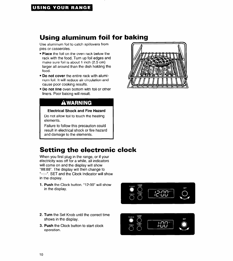 Using aluminum foil for baking, Electrical shock and fire hazard, Setting the electronic clock | Whirlpool FES310Y User Manual | Page 10 / 32