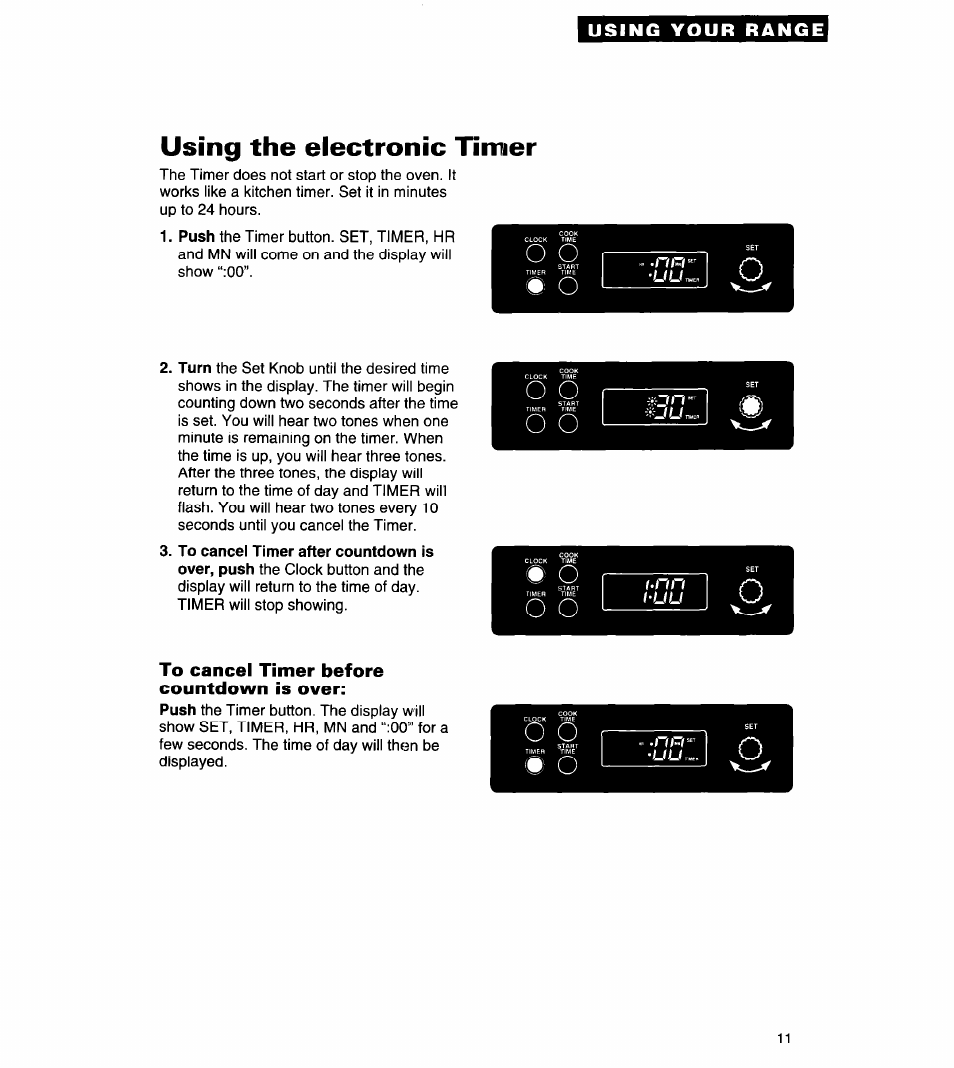 Using the electronic timer, To cancel timer before countdown is over, O o # o | Whirlpool FES310Y User Manual | Page 11 / 32