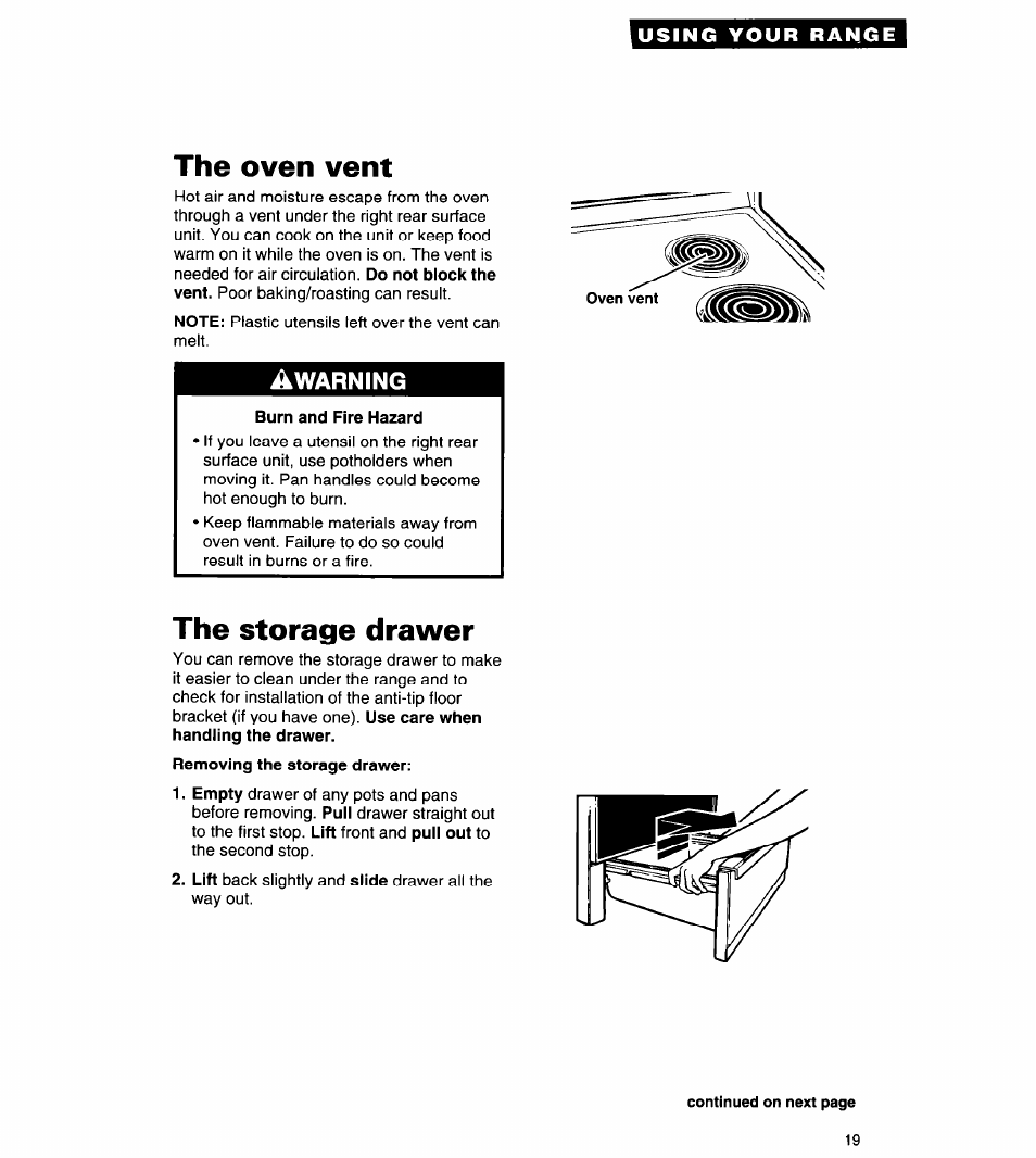 The oven vent, Burn and fire hazard, The storage drawer | Whirlpool FES310Y User Manual | Page 19 / 32