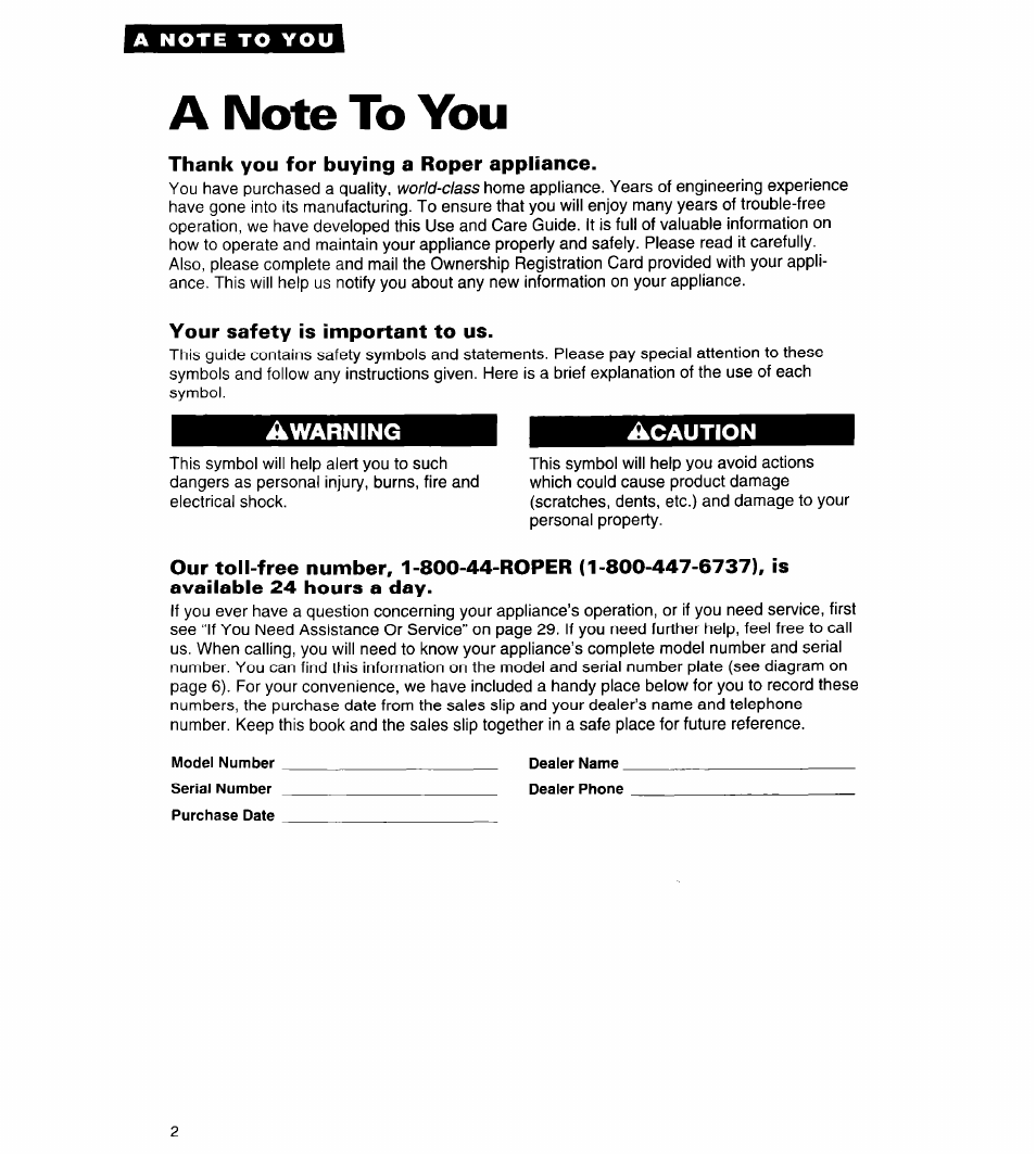 A note to you, Thank you for buying a roper appliance, Your safety is important to us | Whirlpool FES310Y User Manual | Page 2 / 32