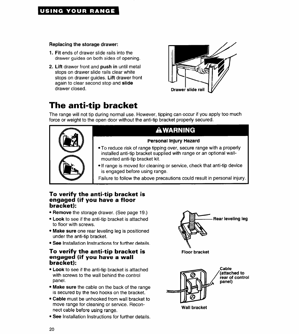 Replacing the storage drawer, The anti-tip bracket, Personal injury hazard | Whirlpool FES310Y User Manual | Page 20 / 32