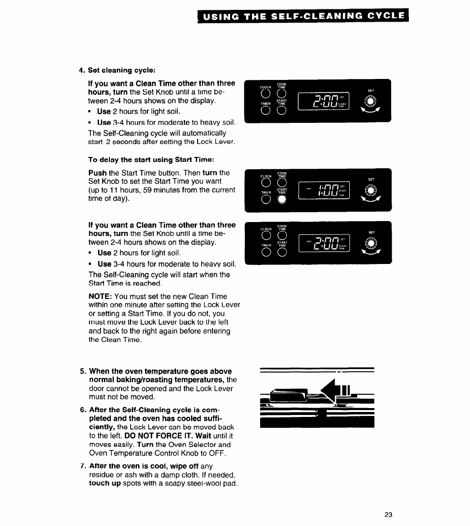 Set cleaning cycle, To delay the start using start time, After the oven is cool, wipe off any | Whirlpool FES310Y User Manual | Page 23 / 32