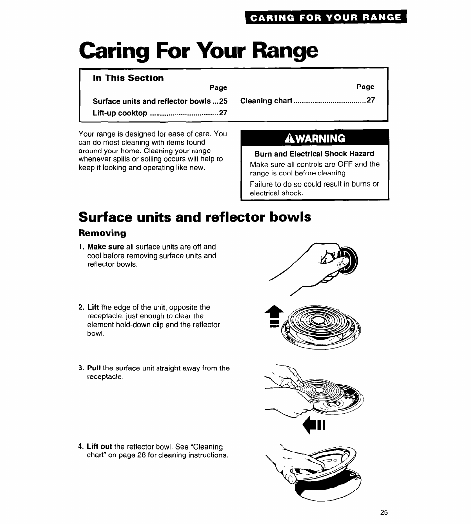 Caring for your range, Burn and electrical shock hazard, Surface units and reflector bowls | Removing, Awarning | Whirlpool FES310Y User Manual | Page 25 / 32