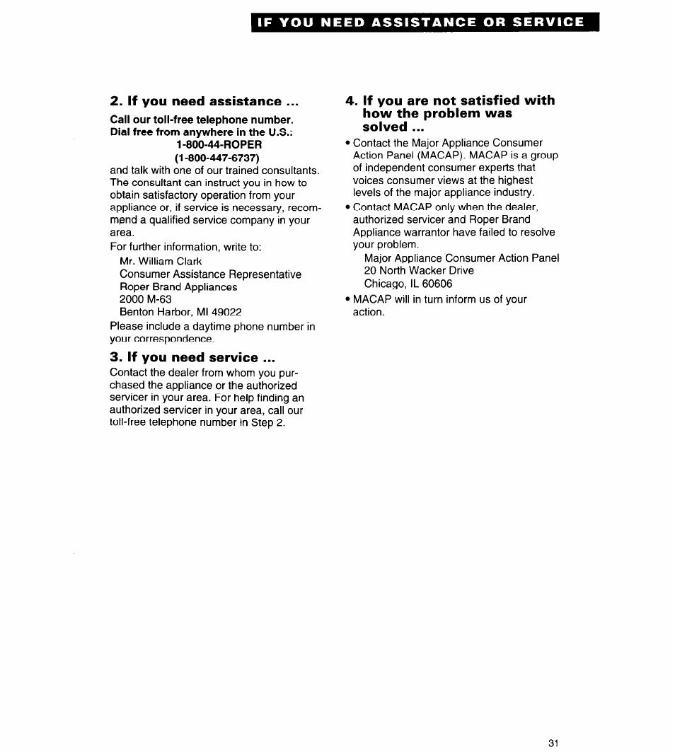 If you need assistance, If you need service | Whirlpool FES310Y User Manual | Page 31 / 32