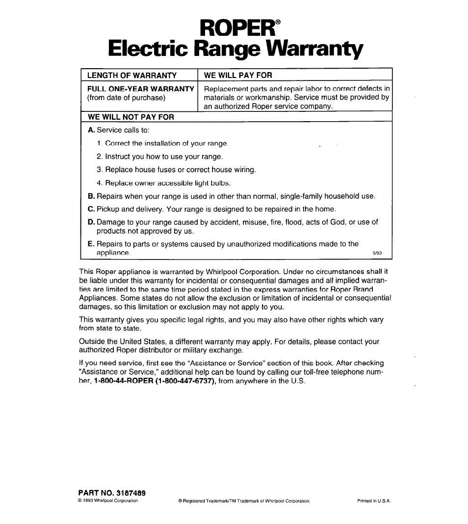 Roper, Electric №nge warranty, Length of warranty | We will pay for, Full one-year warranty, We will not pay for, Part no. 3187489, Roper* electric №nge warranty | Whirlpool FES310Y User Manual | Page 32 / 32