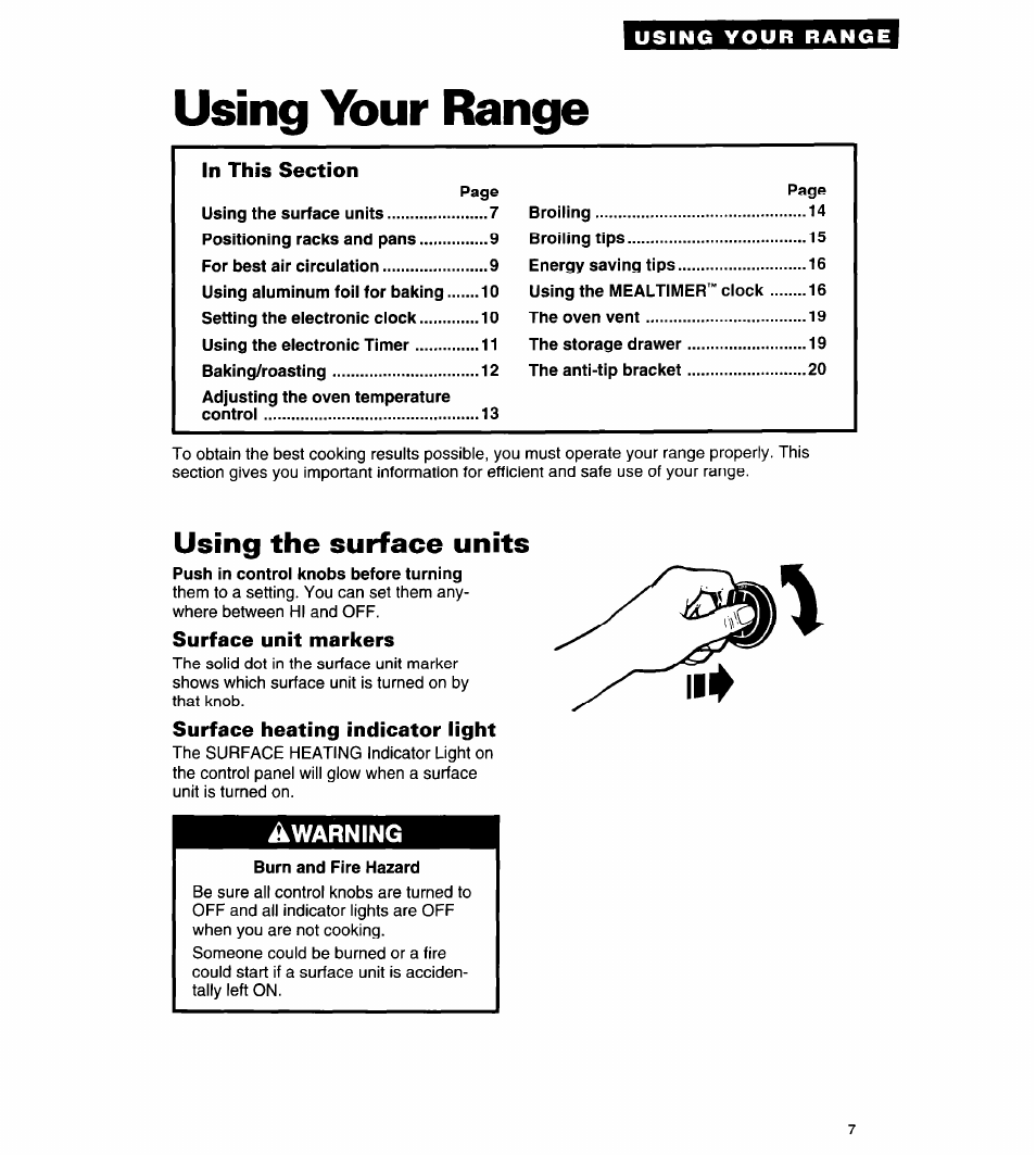 Using vbur range, Using the surface units, Surface unit markers | Surface heating indicator light, Burn and fire hazard | Whirlpool FES310Y User Manual | Page 7 / 32