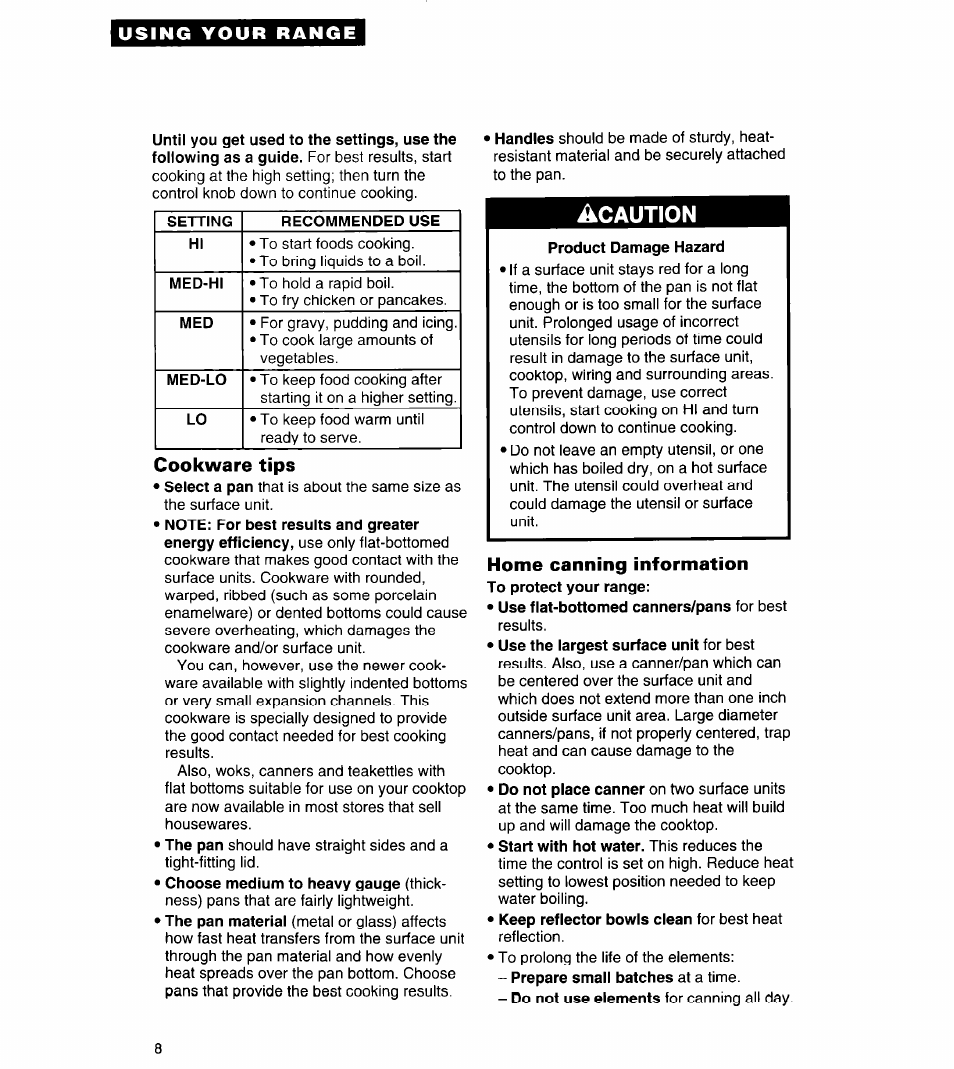 Cookware tips, Home canning information | Whirlpool FES310Y User Manual | Page 8 / 32