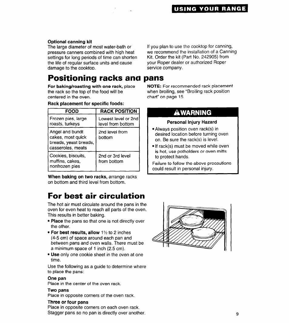 Optional canning kit, Positioning racks and pans, For best air circulation | Whirlpool FES310Y User Manual | Page 9 / 32
