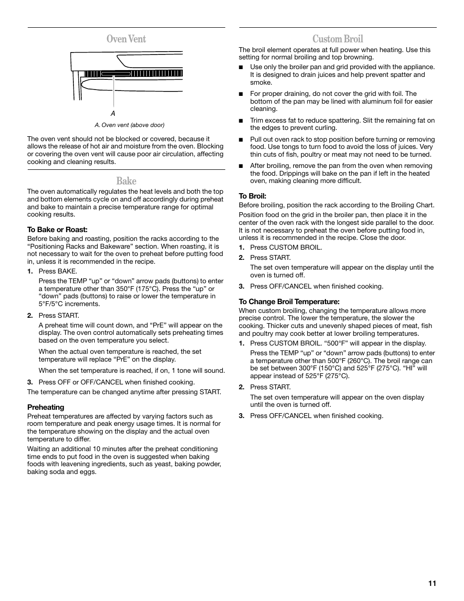 Oven vent, Bake, Custom broil | Whirlpool 9762257 User Manual | Page 11 / 20
