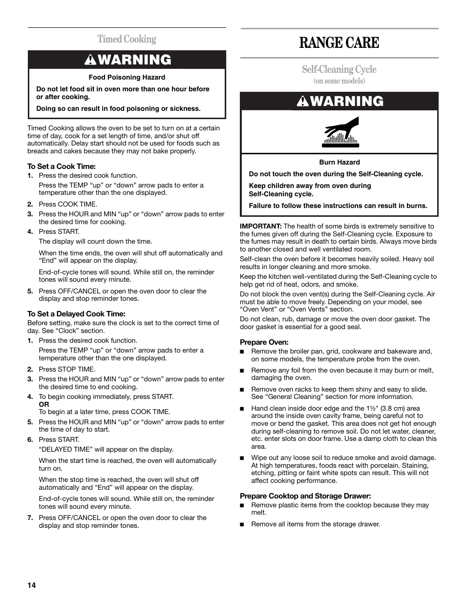 Range care, Warning, Timed cooking | Self-cleaning cycle | Whirlpool 9762257 User Manual | Page 14 / 20