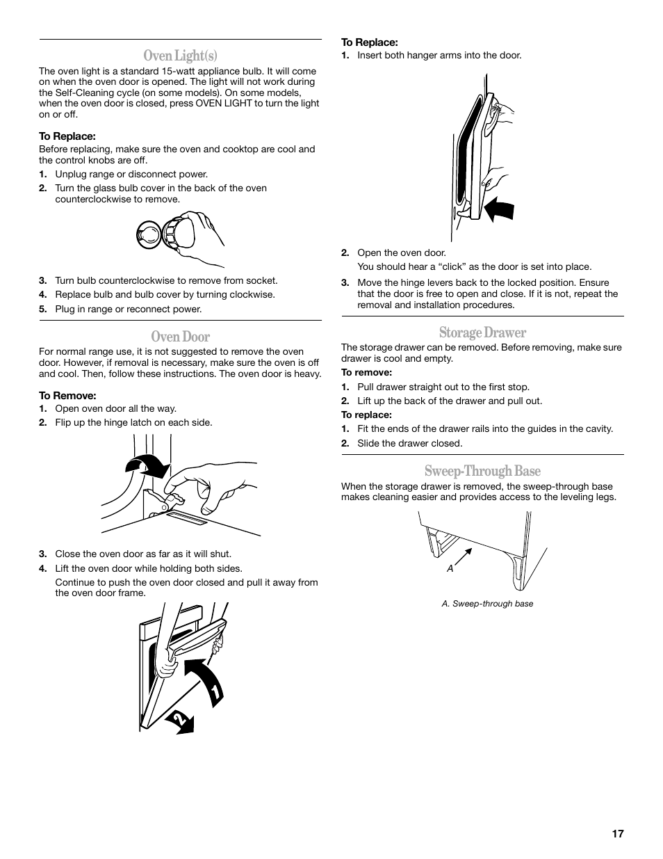 Oven light(s), Oven door, Storage drawer | Sweep-through base | Whirlpool 9762257 User Manual | Page 17 / 20