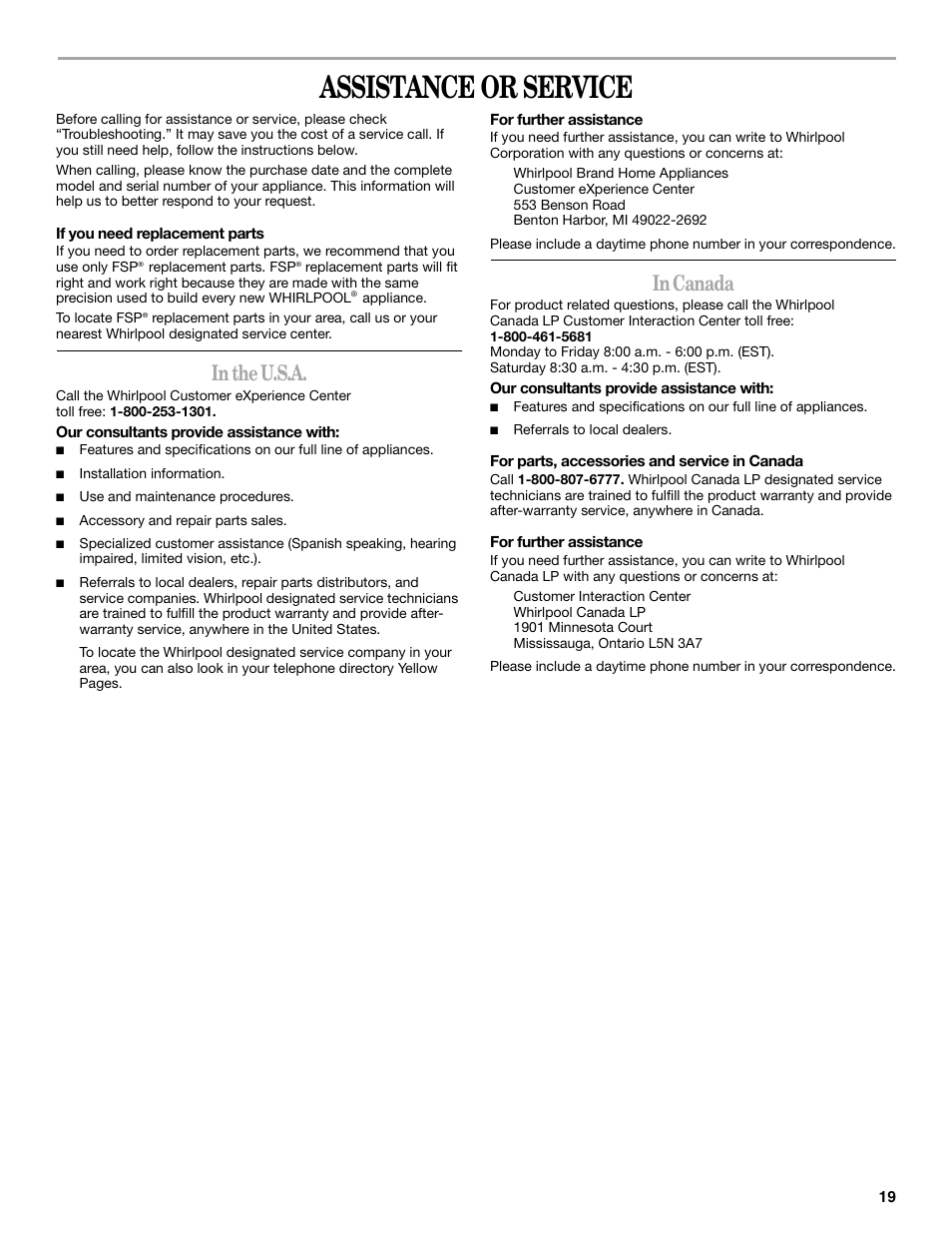 Assistance or service | Whirlpool 9762257 User Manual | Page 19 / 20