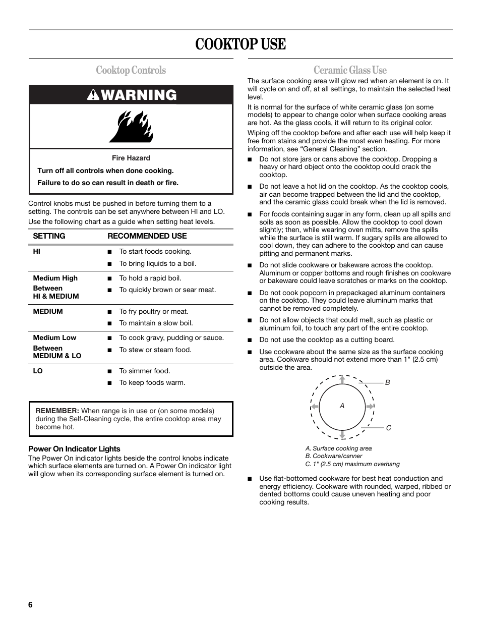 Cooktop use, Warning, Cooktop controls | Ceramic glass use | Whirlpool 9762257 User Manual | Page 6 / 20