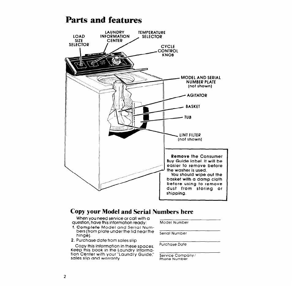 Parts and features, Copy your model and serial numbers here | Whirlpool LA6OOOXP User Manual | Page 2 / 12