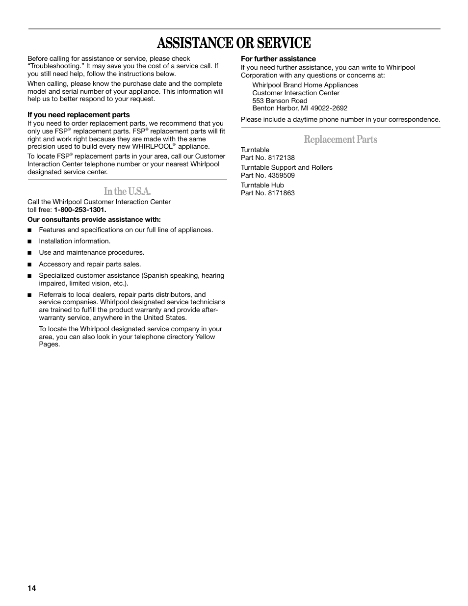 Assistance or service, Replacement parts | Whirlpool MT1120SL User Manual | Page 14 / 16