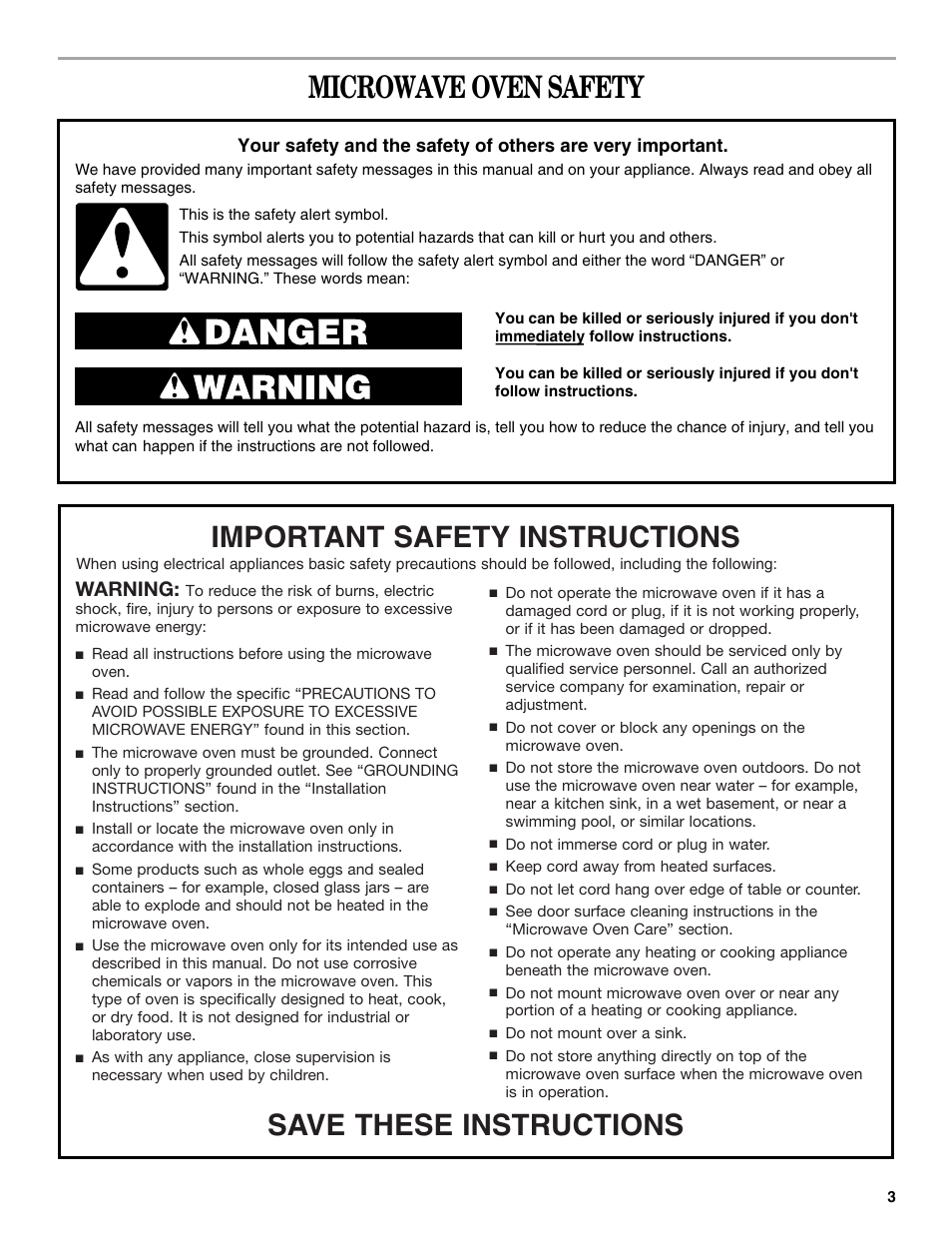 Microwave oven safety, Save these instructions, Important safety instructions | Warning | Whirlpool MT1120SL User Manual | Page 3 / 16