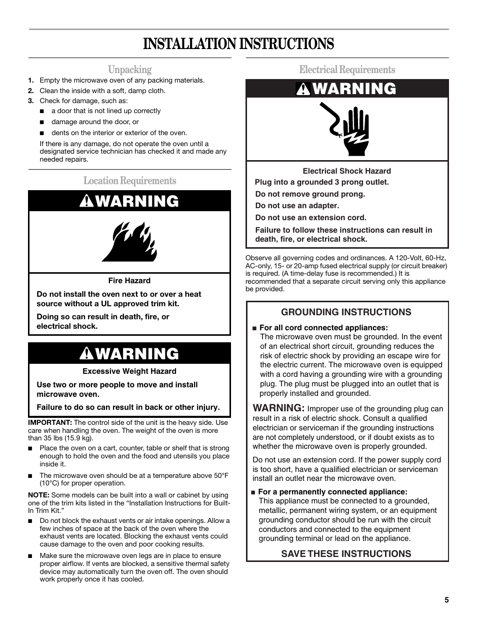 Installation instructions, Warning, Unpacking | Location requirements, Electrical requirements | Whirlpool MT1120SL User Manual | Page 5 / 16