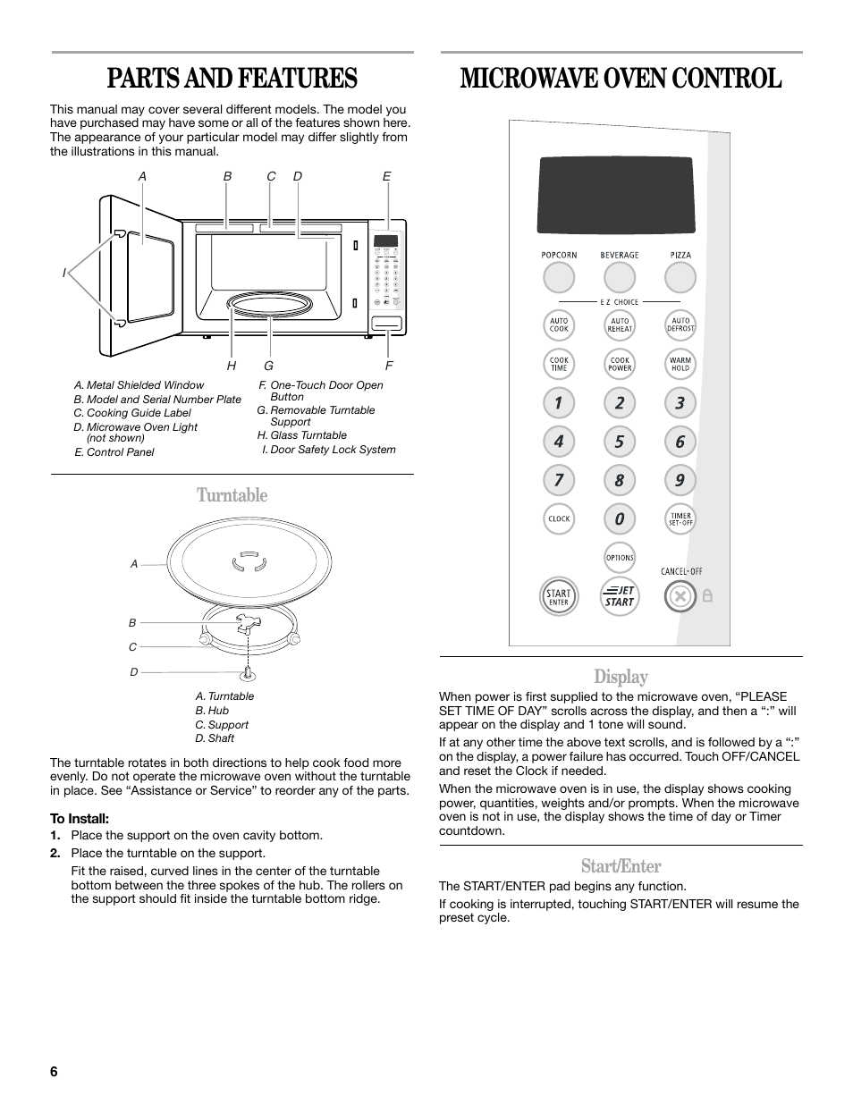 Parts and features, Microwave oven control, Turntable | Display, Start/enter | Whirlpool MT1120SL User Manual | Page 6 / 16