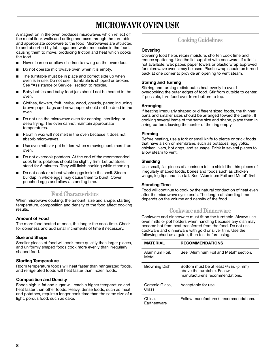 Microwave oven use, Food characteristics, Cooking guidelines | Cookware and dinnerware | Whirlpool MT1120SL User Manual | Page 8 / 16