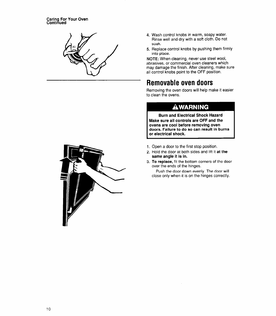 Removable oven doors, Awarning | Whirlpool SBlOOPES User Manual | Page 10 / 16