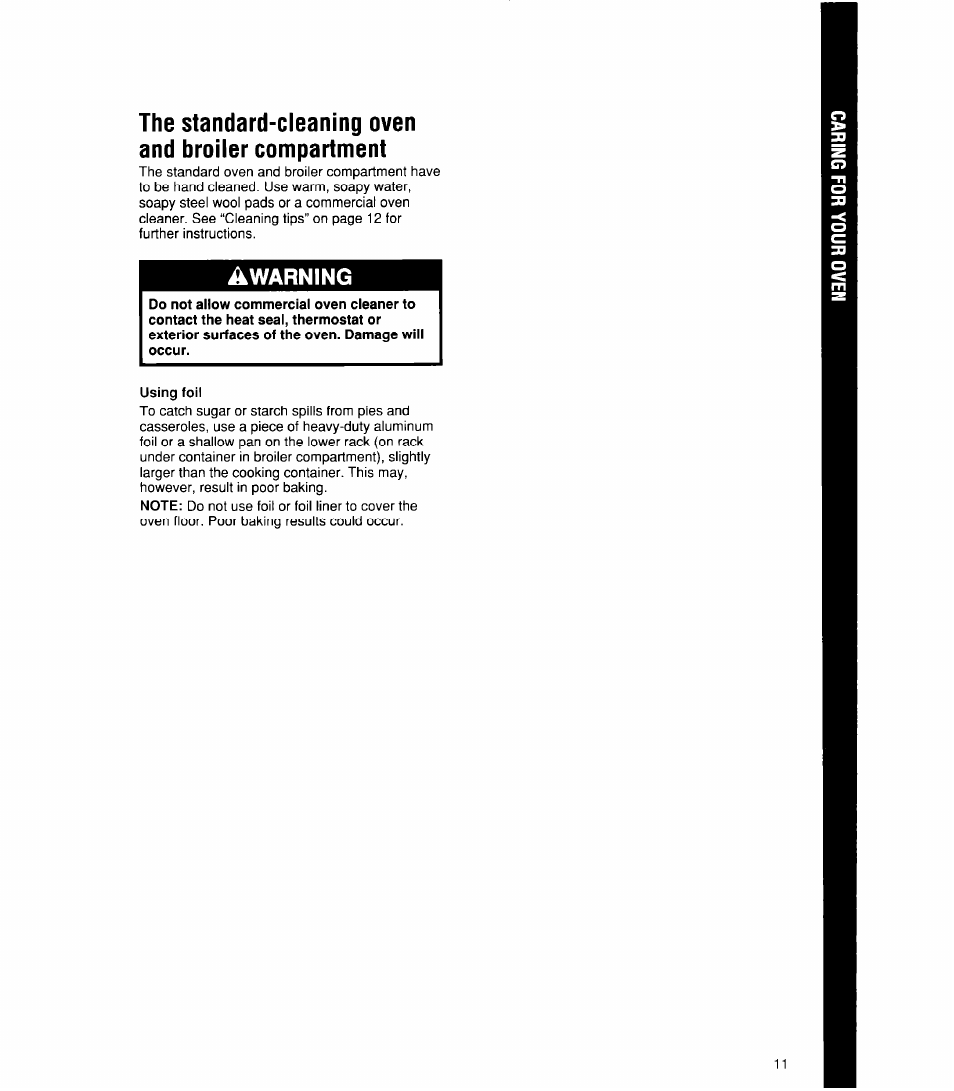 The standard-cleaning oven and broiler compartment, Warning | Whirlpool SBlOOPES User Manual | Page 11 / 16