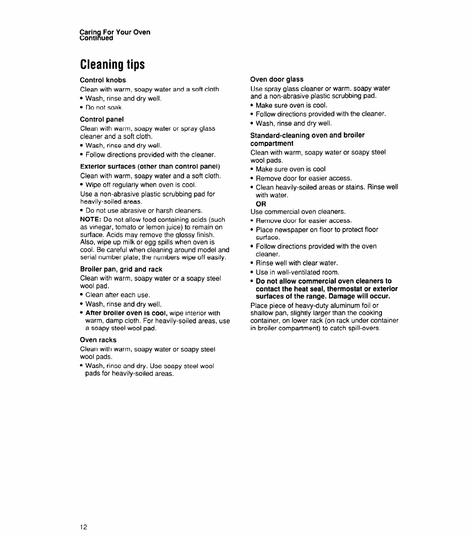 Cleaning tips, Control knobs, Oven racks | Whirlpool SBlOOPES User Manual | Page 12 / 16