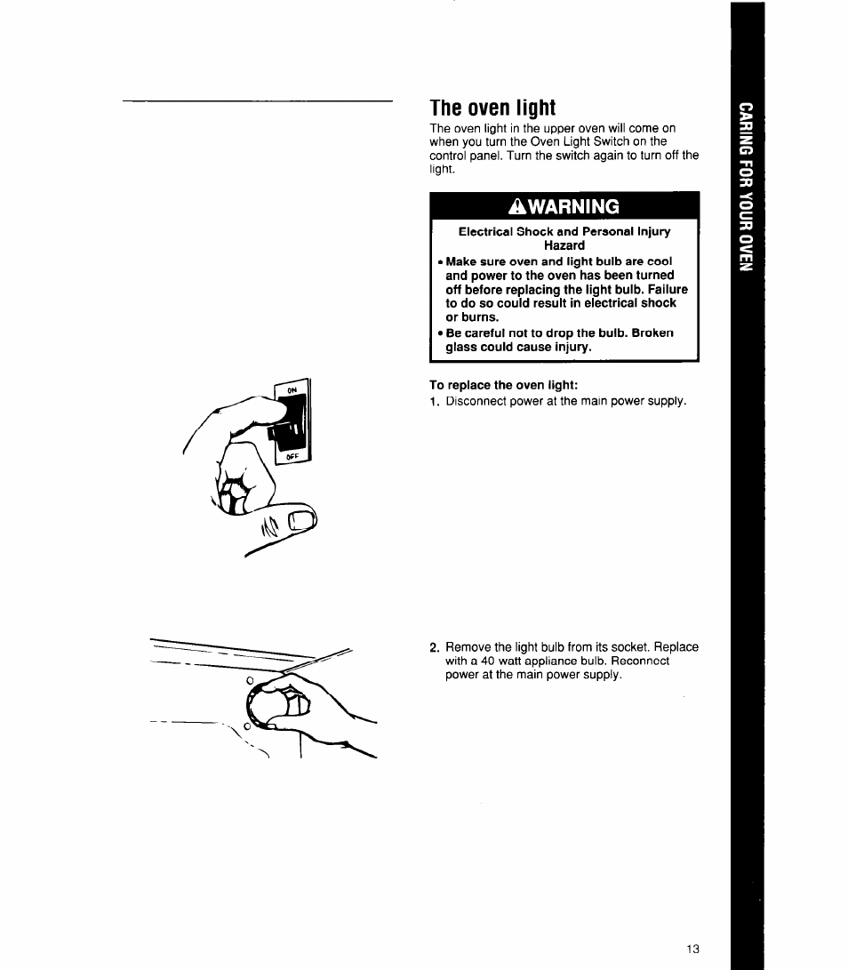 The oven light, Awarning | Whirlpool SBlOOPES User Manual | Page 13 / 16