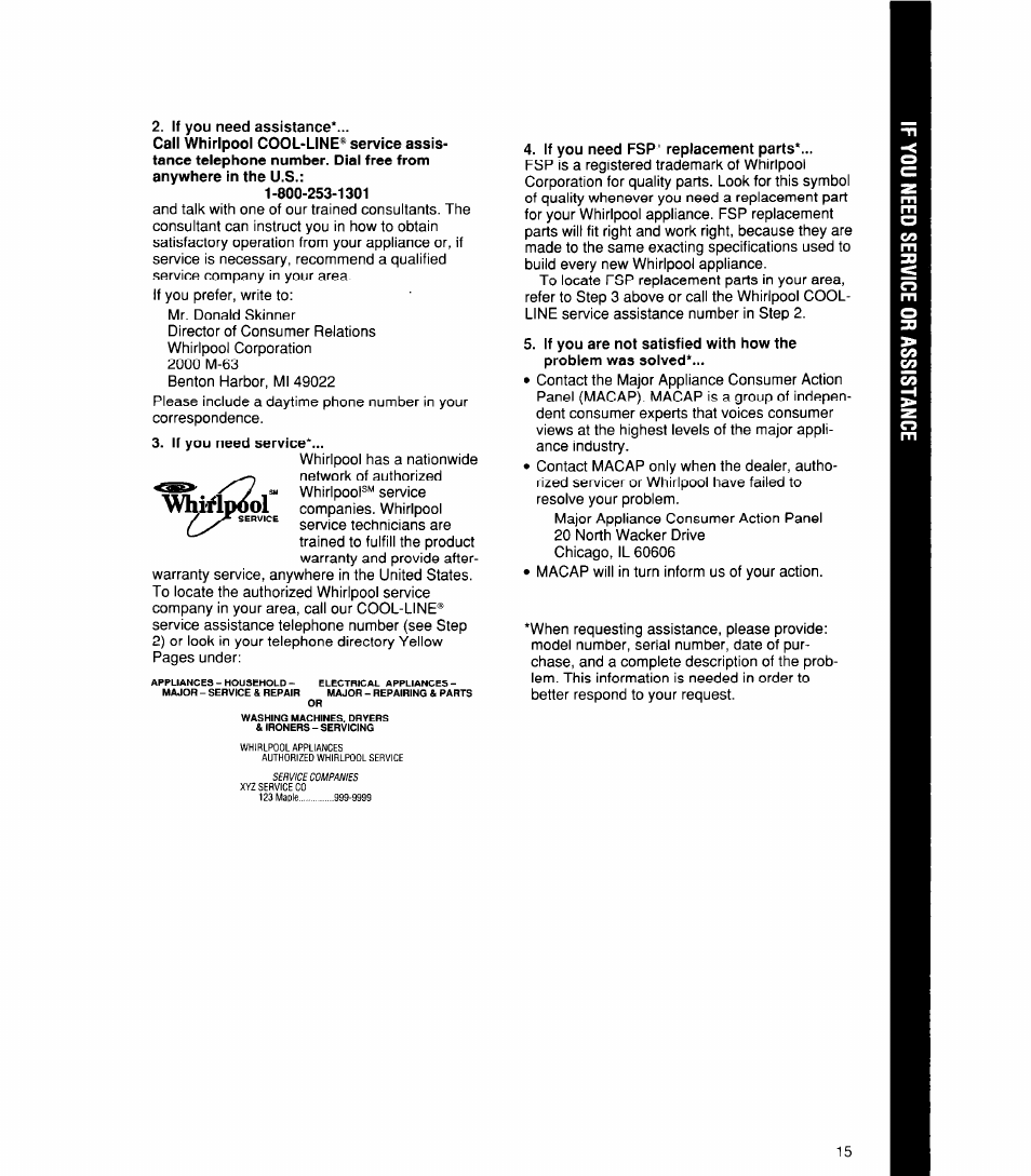 If you need assistance, If you need service, If you need fsp" replacement parts | Whirlpool SBlOOPES User Manual | Page 15 / 16