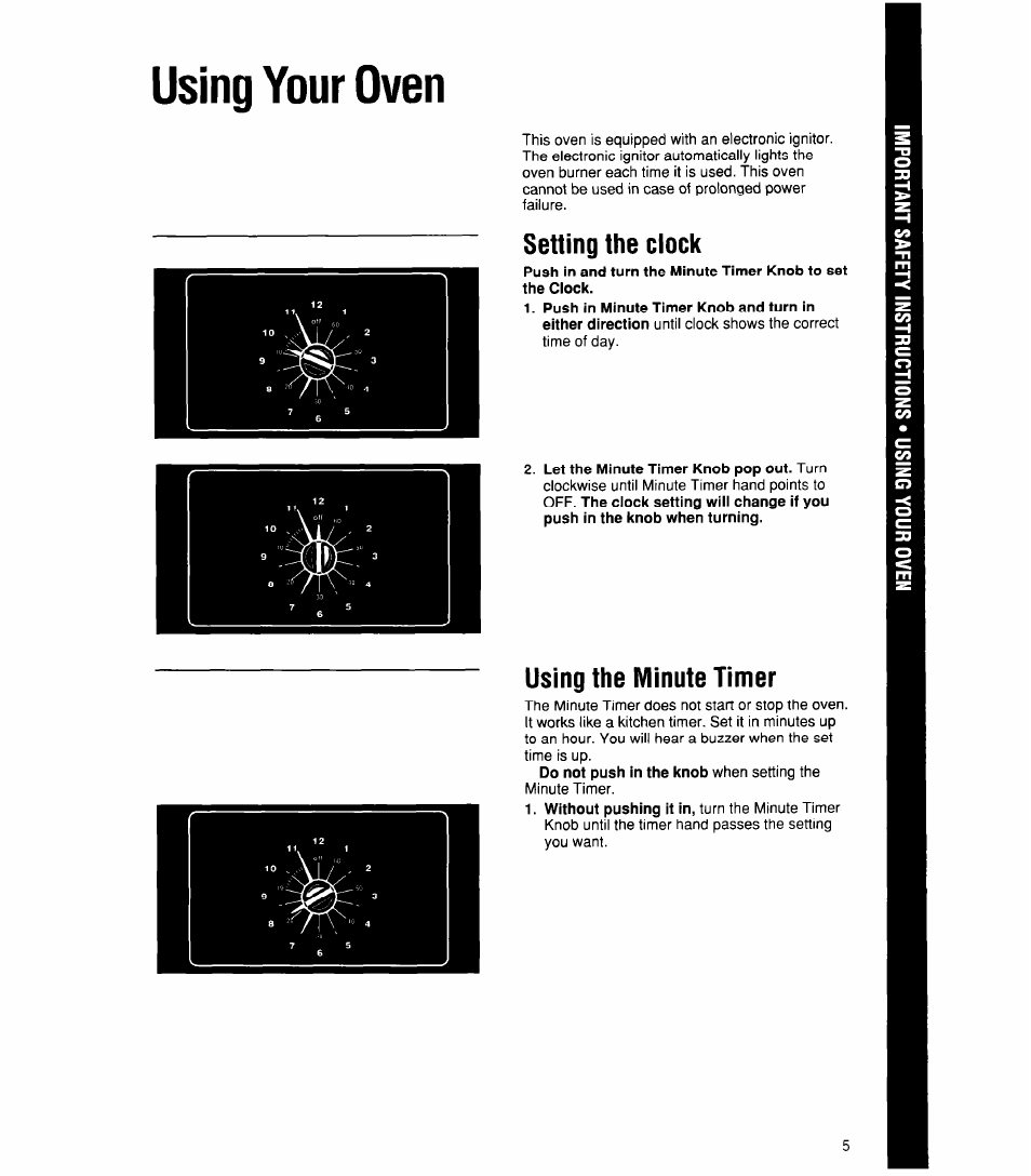 Using your oven, Setting the clock, Using the minute timer | Whirlpool SBlOOPES User Manual | Page 5 / 16