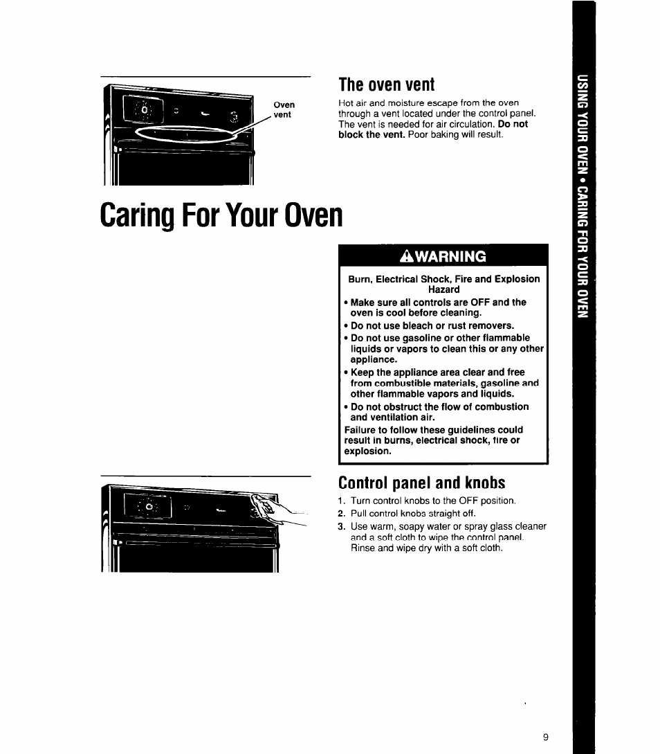 The oven vent, Caring for your oven, Control panel and knobs | Warning | Whirlpool SBlOOPES User Manual | Page 9 / 16