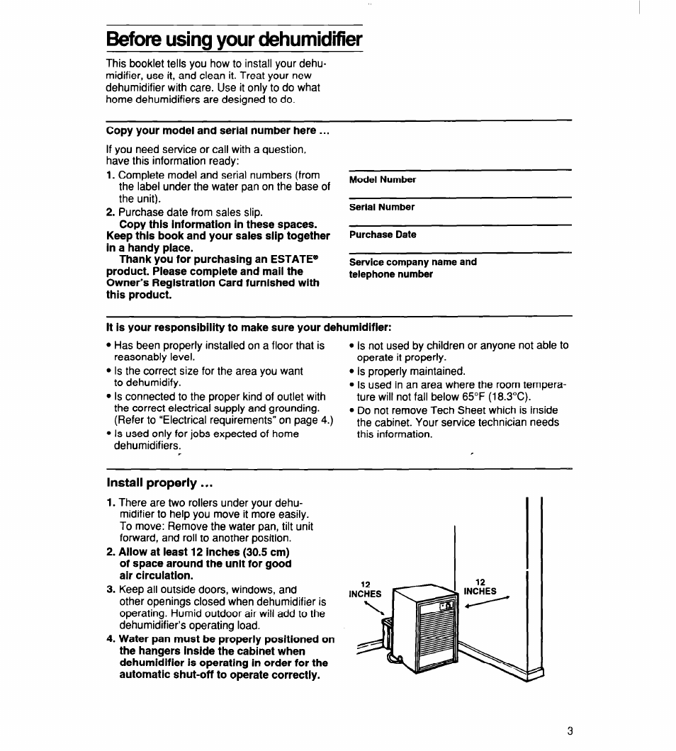 Before using your dehumidifier | Whirlpool TD2500XF0 User Manual | Page 3 / 12