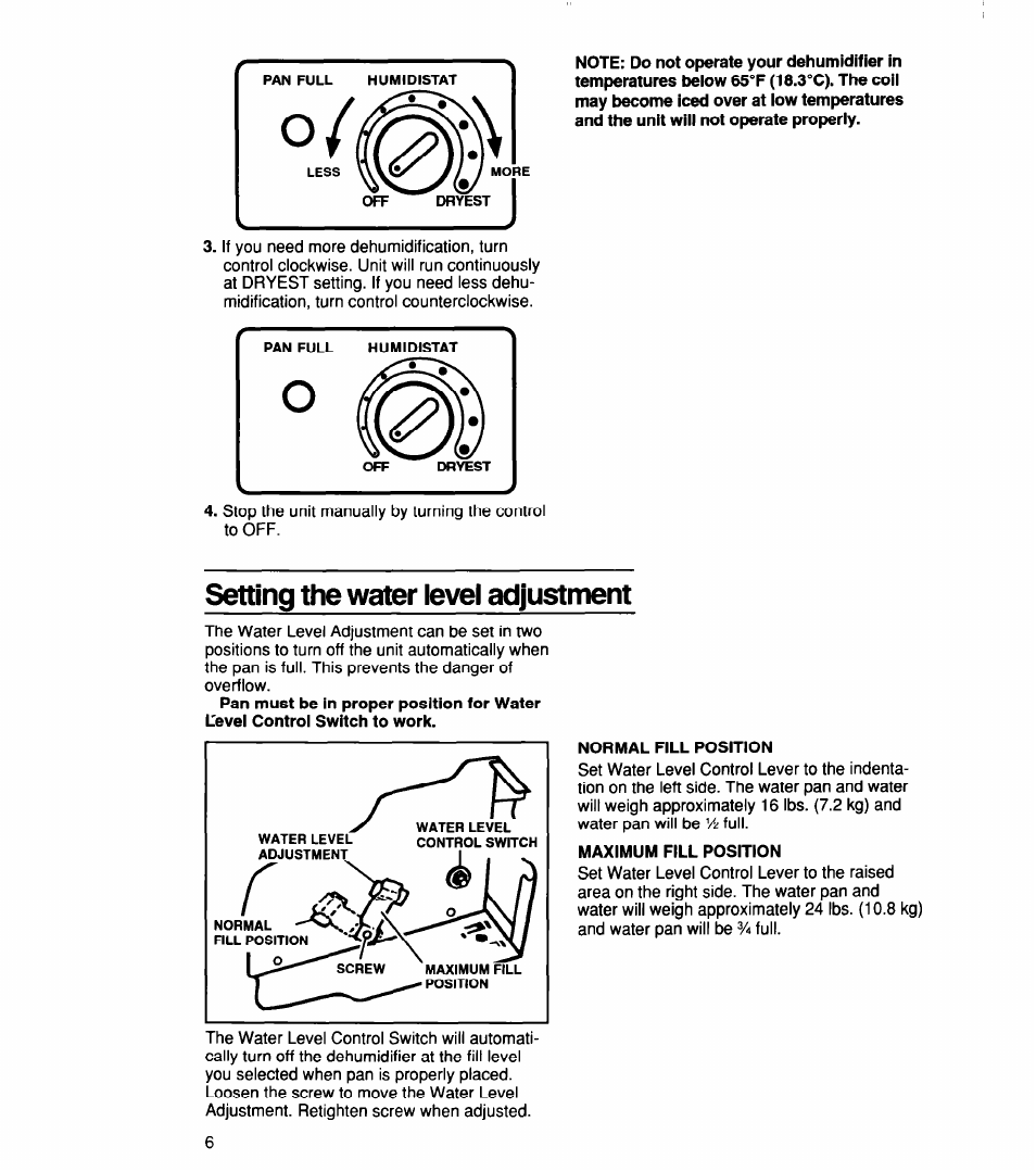 Normal fill position, Maximum fill position, Setting the water level adjustment | Whirlpool TD2500XF0 User Manual | Page 6 / 12