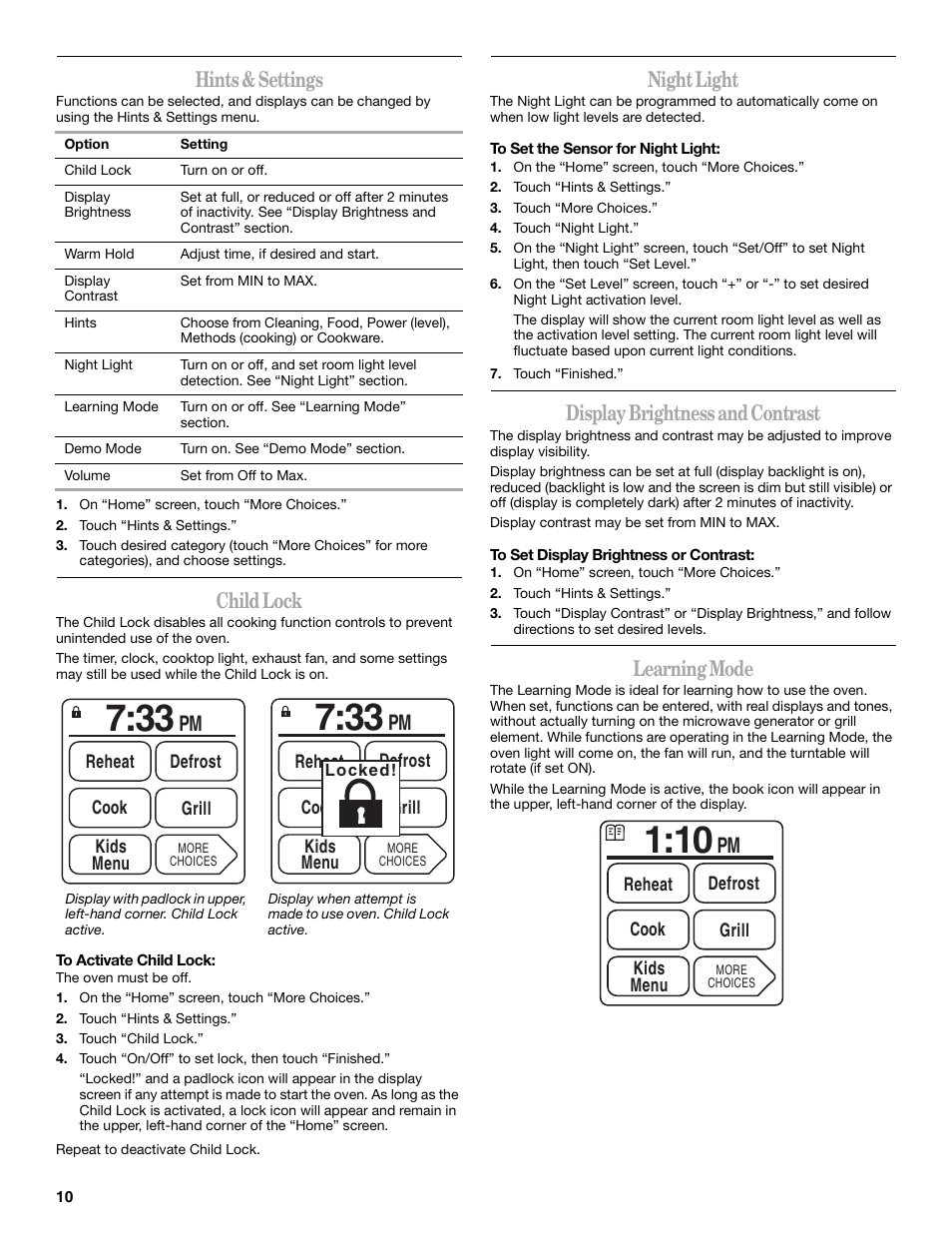 Hints & settings, Child lock, Night light | Display brightness and contrast, Learning mode | Whirlpool GH6178XP User Manual | Page 10 / 24