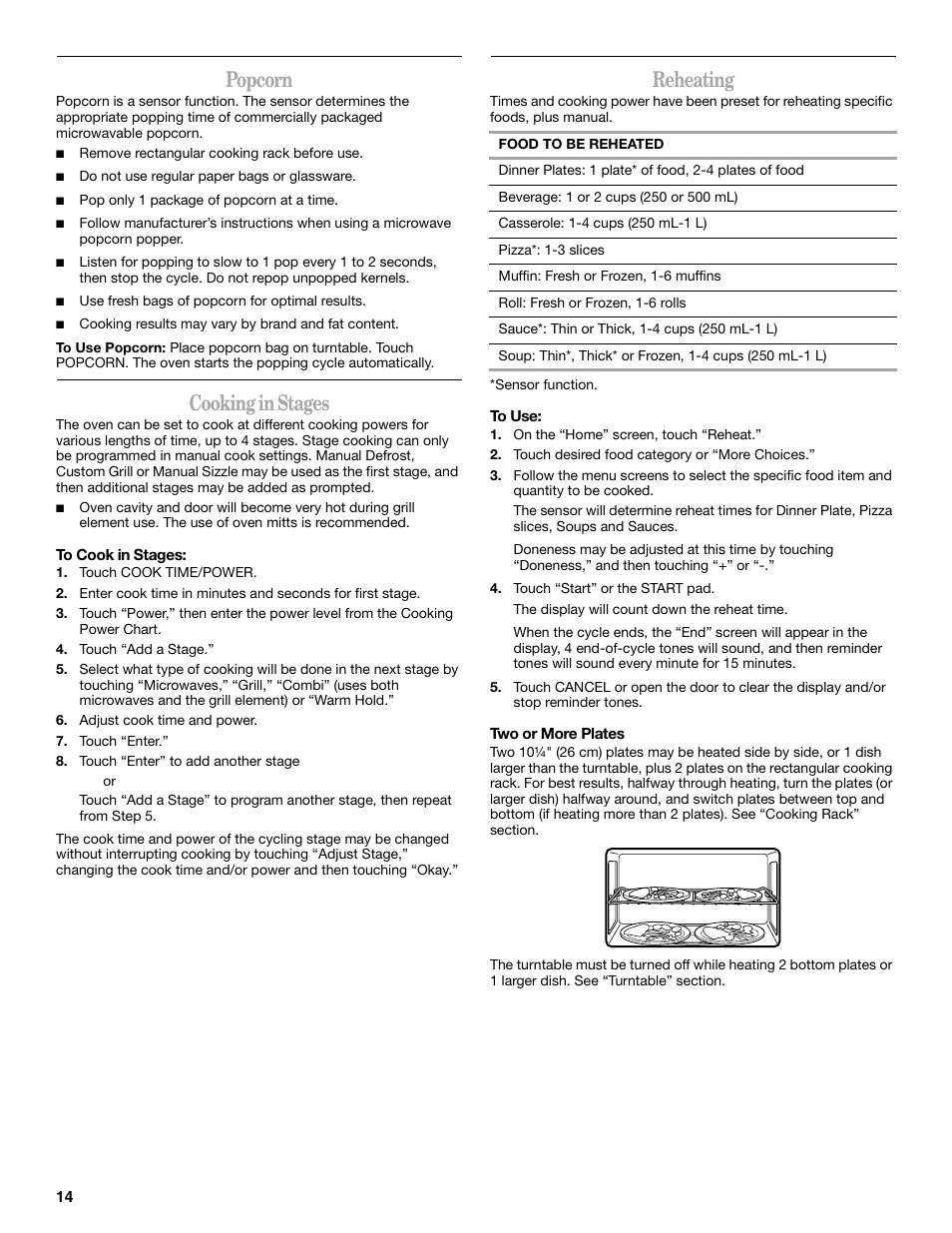 Popcorn, Cooking in stages, Reheating | Whirlpool GH6178XP User Manual | Page 14 / 24