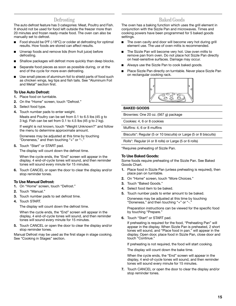 Defrosting, Baked goods | Whirlpool GH6178XP User Manual | Page 15 / 24