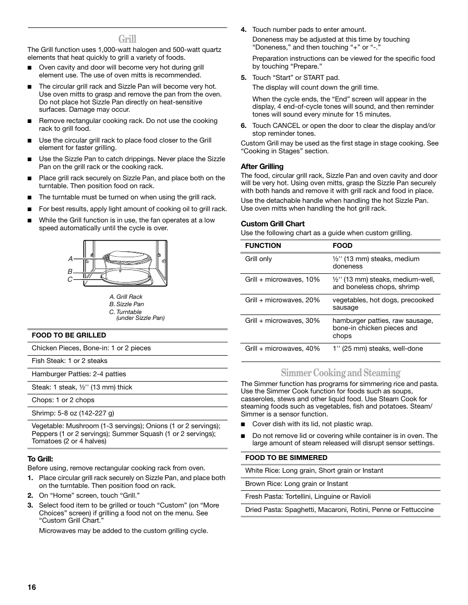 Grill, Simmer cooking and steaming | Whirlpool GH6178XP User Manual | Page 16 / 24