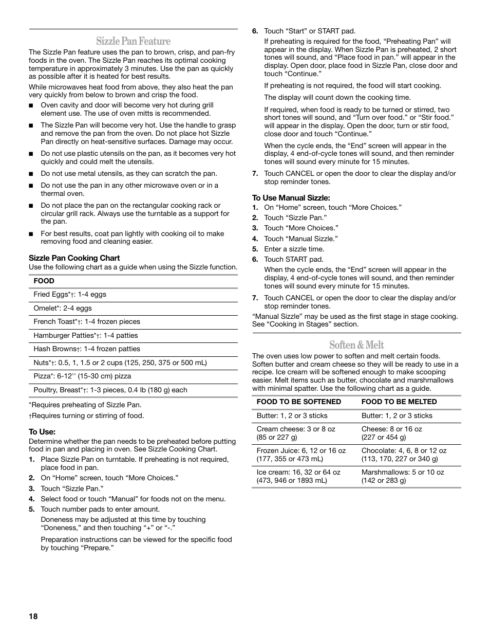 Sizzle pan feature, Soften & melt | Whirlpool GH6178XP User Manual | Page 18 / 24