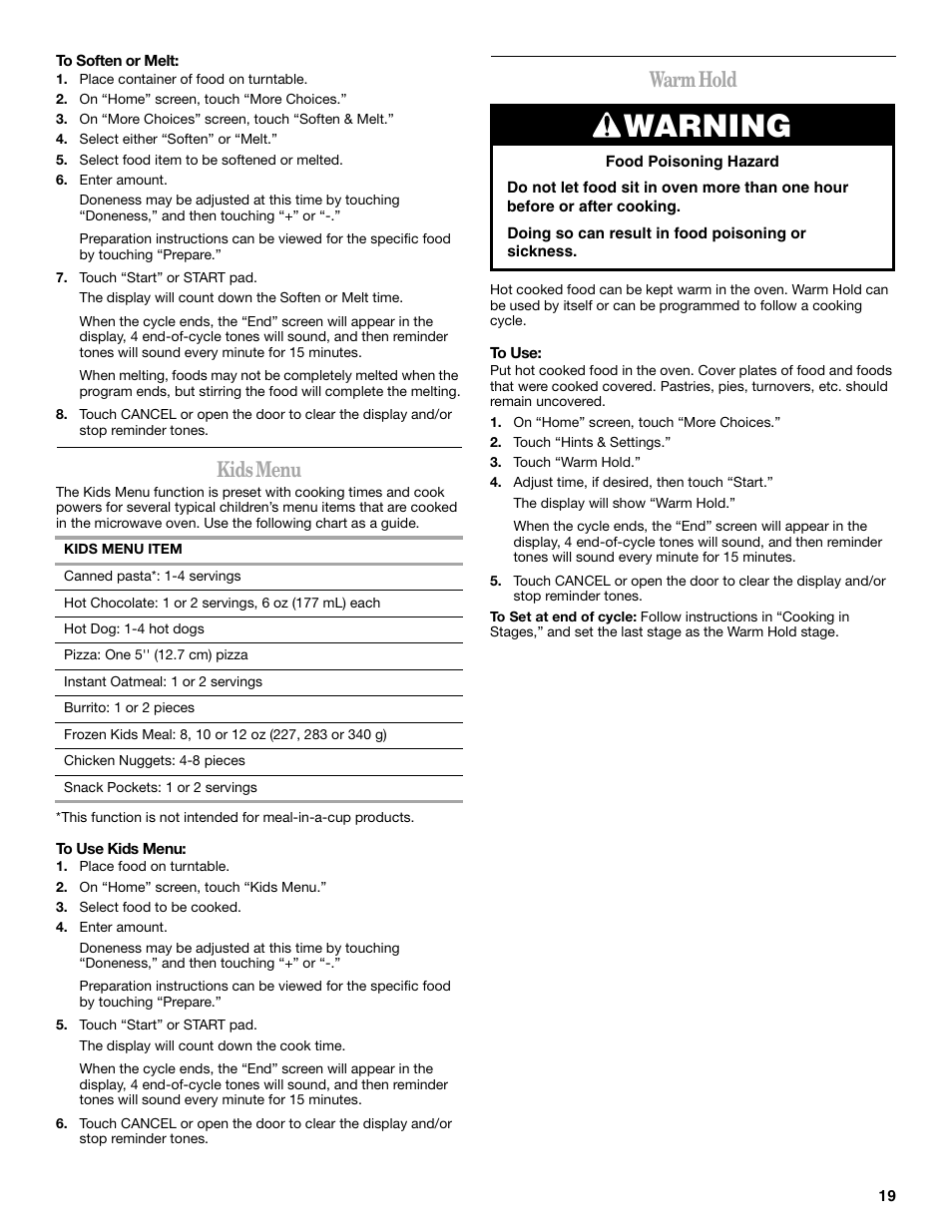 Warning, Kids menu, Warm hold | Whirlpool GH6178XP User Manual | Page 19 / 24