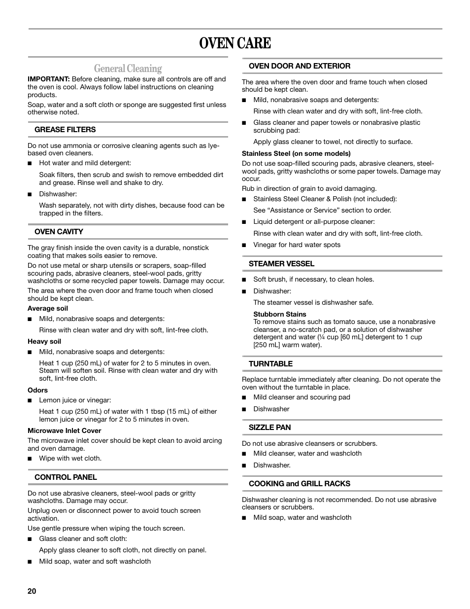 Oven care, General cleaning | Whirlpool GH6178XP User Manual | Page 20 / 24